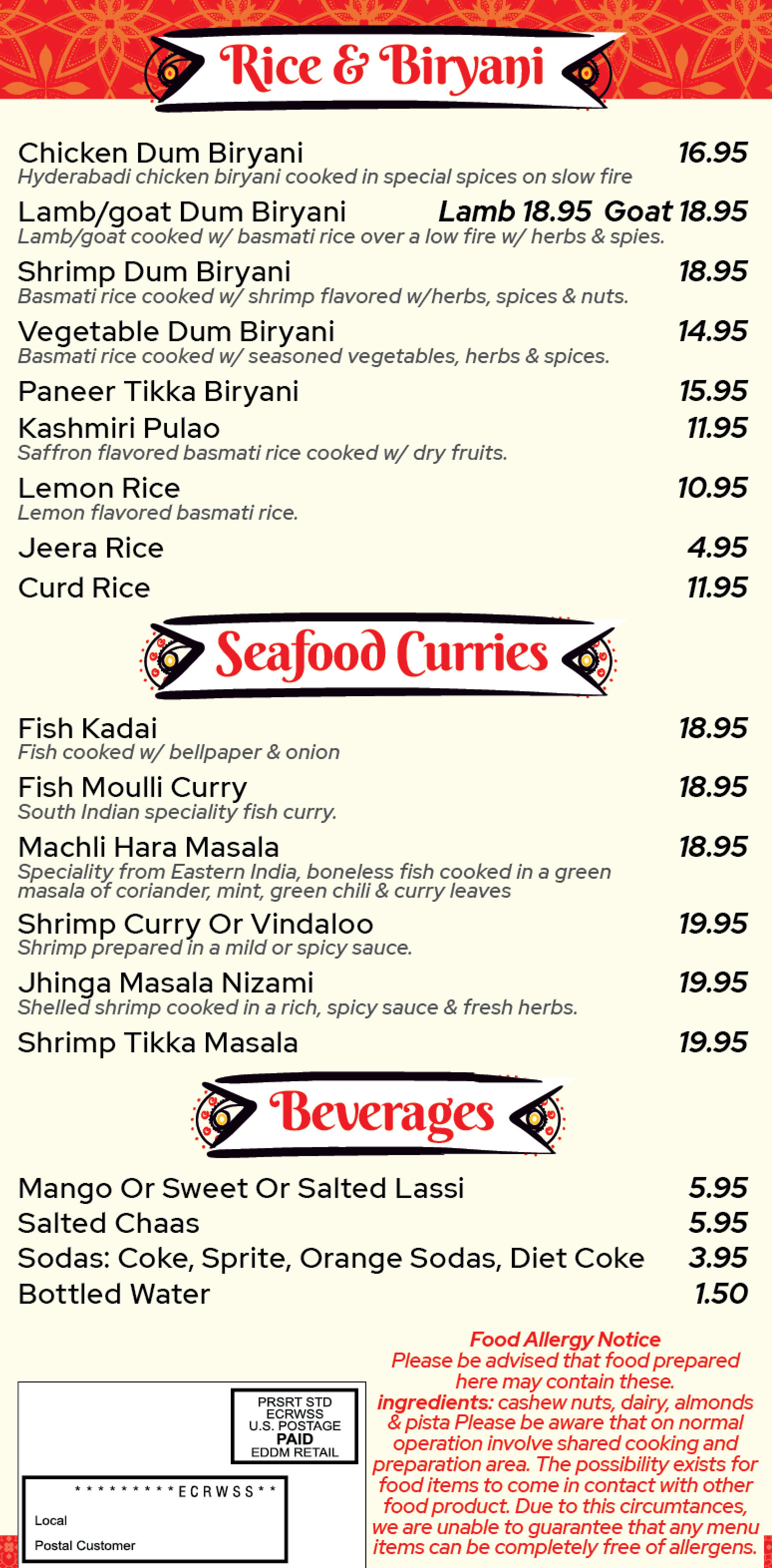 Rice/Biryani - Seafood Curries - Beverages